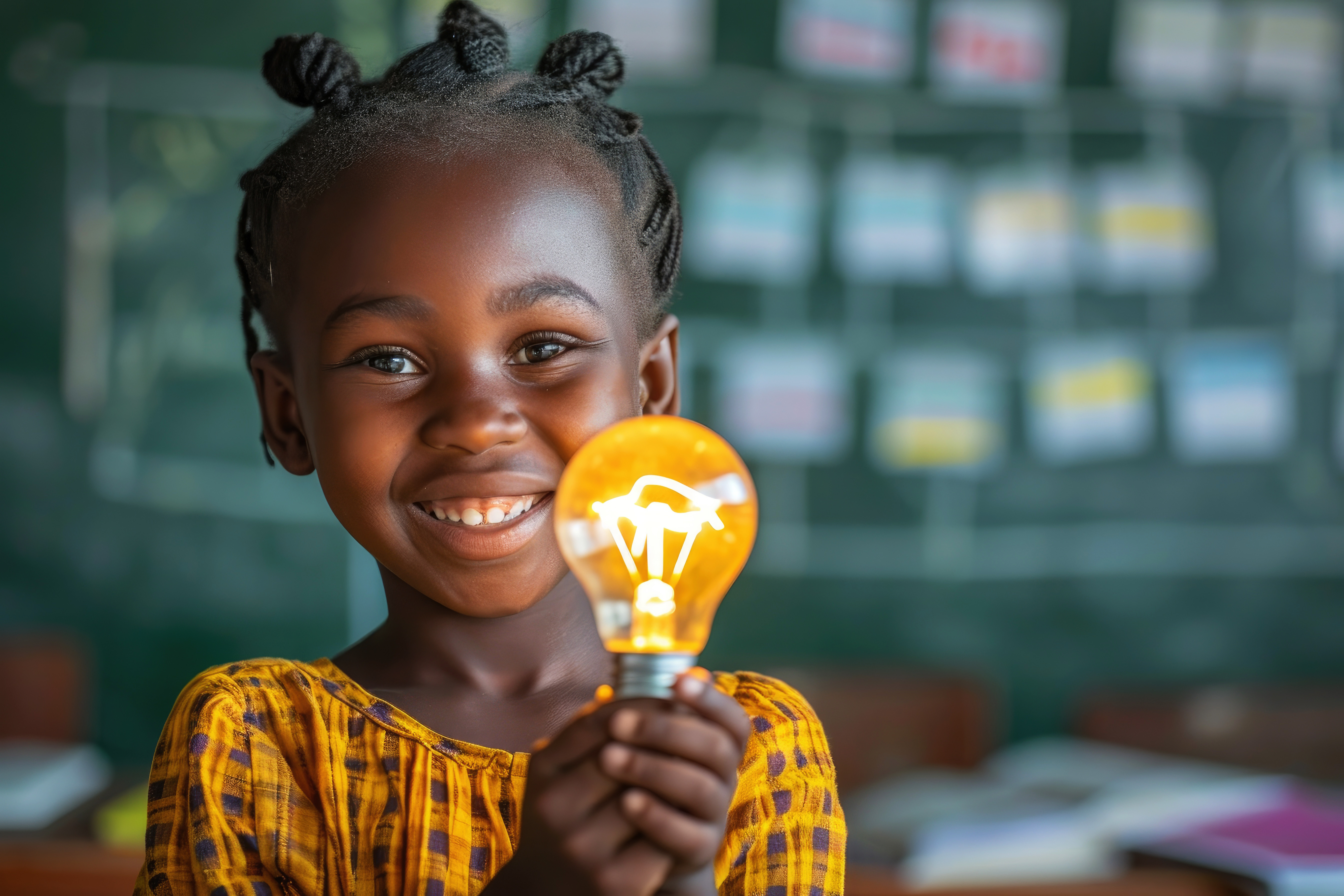 The smiling girl with shining lightbulb in her hand illustrates the natural link between consciousness, intelligence and knowledge. Her life is full of meaning in that moment.