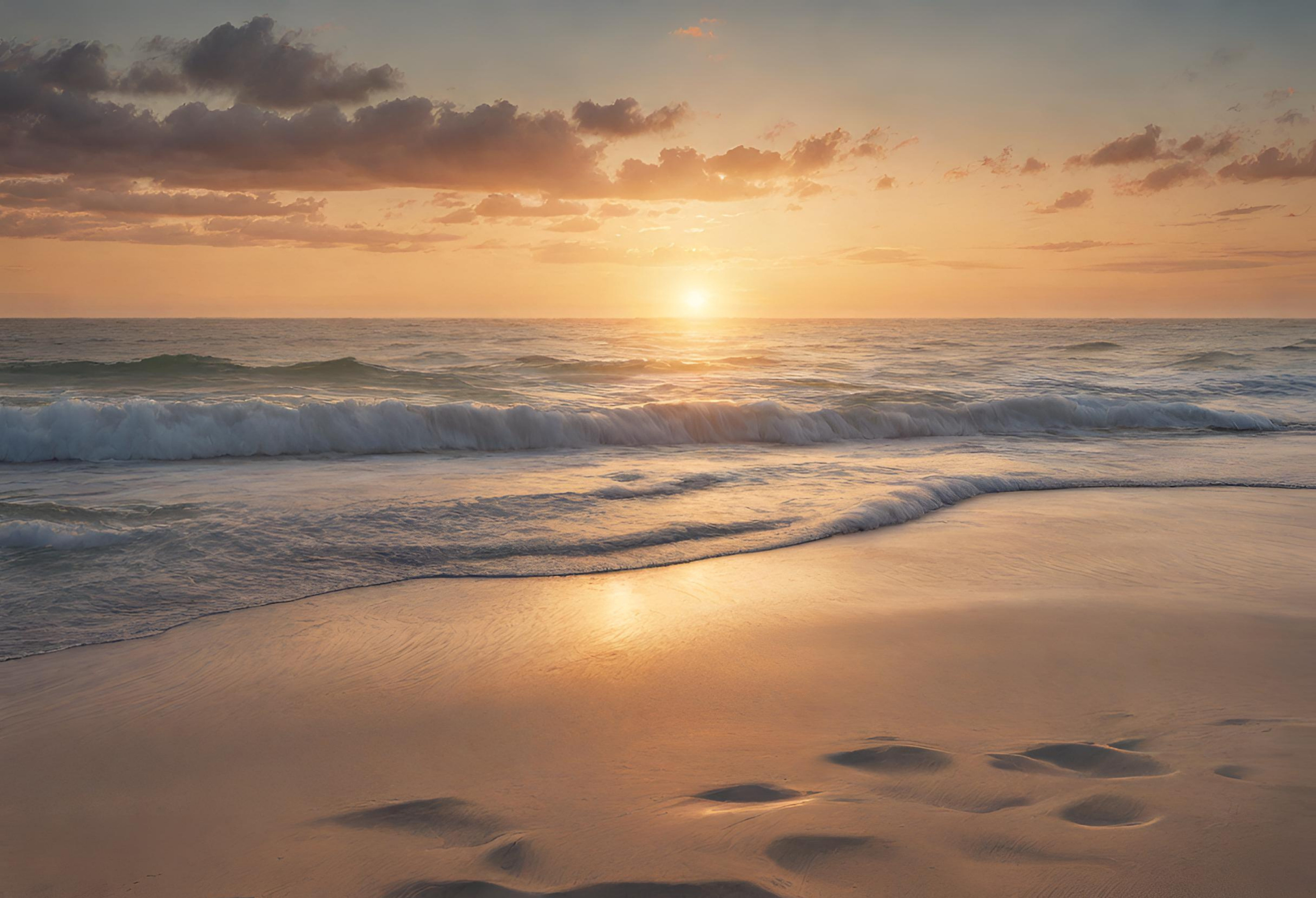 Sunrise over a calm sea with footprints on the beach.